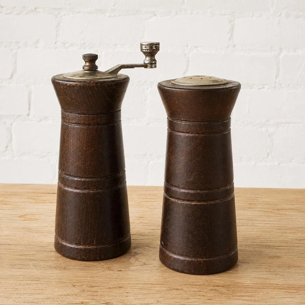 Vintage Wood Pepper Mill Salt Shaker Set Crank Mid Century Farmhouse Kitchen